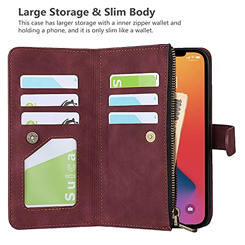iCoverCase Compatible with iPhone 13 Wallet Phone Case with Card Holder, PU Leather Zipper Pocket Magnetic Detachable Flip Case with Wrist Strap (Claret) - color: Detachable--Claret
