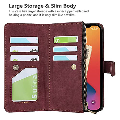 iCoverCase Compatible with iPhone 13 Wallet Phone Case with Card Holder, PU Leather Zipper Pocket Magnetic Detachable Flip Case with Wrist Strap (Claret) - color: Detachable--Claret
