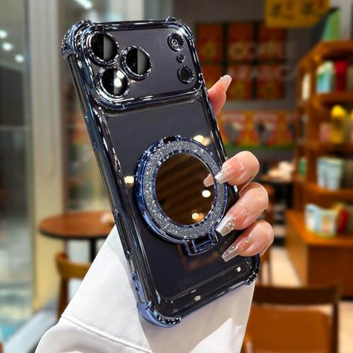 Magnetic Case for iPhone 17 Pro Max Clear with Shiny Invisible Kickstand Ring Makeup Mirror Luxury Plating Soft TPU Four Corners Air Cushion Shockproof Protective Phone Cover 6.9", Blue - color: Blue, size: For iPhone 17 Pro Max 6.9"