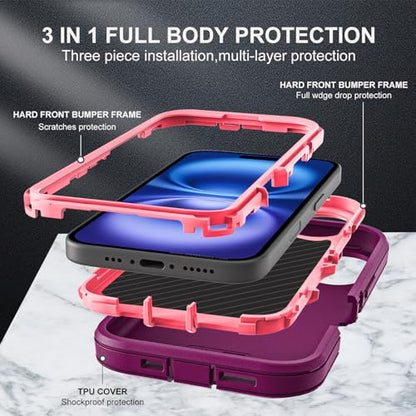 YKHJKLEC for iPhone 16 Case, Military Grade 3 in 1 Heavy Duty Shockproof/Drop Proof/Dust Proof Case with 2Pcs Tempered Glass Screen Protector (Purple/Pink) - color: Purple/Pink