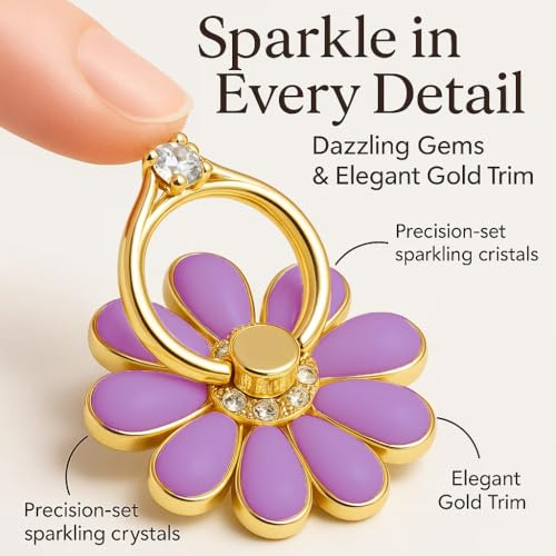 NXVX Daisy Flower Phone Ring Holder, Purple Bling Finger Grip & Kickstand - color: Purple