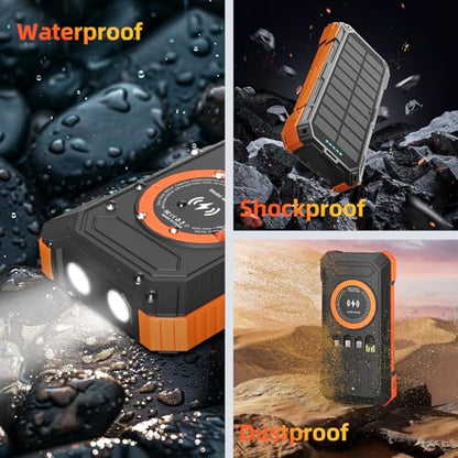 Solar Charger Power Bank 49800mAh Wireless Portable Phone Charger, 22.5W QC3.0 Fast Charging Built in 4 Cables with USB C 6 Outputs & 2 Inputs for All Cell Phone - color: Orange
