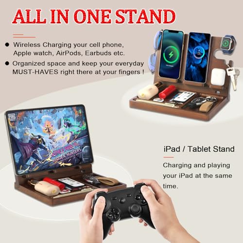 Wood Phone Docking Station with 4 Wireless Charger Nightstand Organizer - color: Walnut color