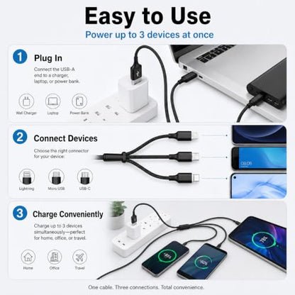 3-in-1 Multi Fast Charging Cable 4FT Nylon Braided Micro USB USB-C for iPhone 14 13 12 Pro Max Samsung OnePlus Xiaomi Travel Car Accessories - color: Black