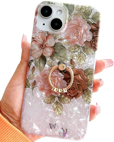 Qokey for iPhone 13/14 Case 6.1 inch,Flower Design Cute Clear for Women Girls with 360 Degree Rotating Ring Kickstand Soft TPU Shockproof Cover Brown Floral - color: Brown