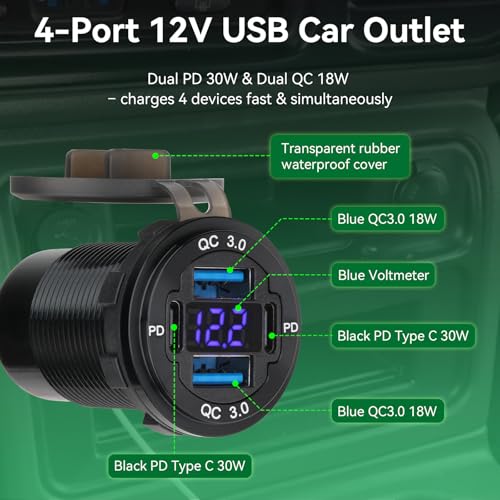 12V USB Outlet, 78W 4-Port, 2 USB-C PD30W and 2 QC3.0 Fast Charger - size: 1 pack