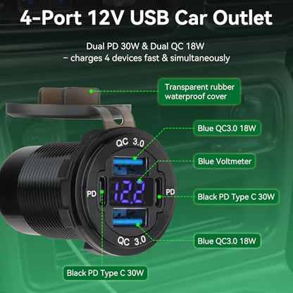2 Pack 12V USB Outlet 4-Port, 78W Dual PD30W & QC3.0 Fast Charger - size: 2 pack