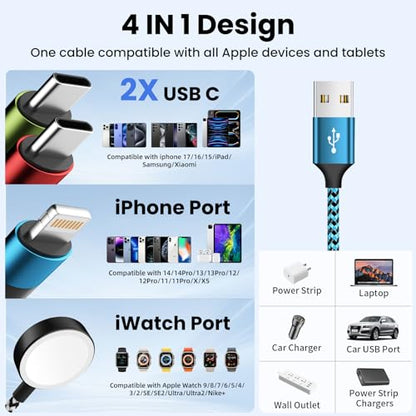 Travel Essentials 4 in 1 Multi Charging Cable for iWatch Charger, 2Pcs 5FT - color: Blue
