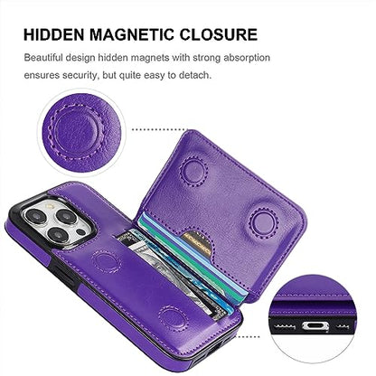 KIHUWEY Compatible with iPhone 15 Pro Wallet Case Credit Card Holder, Premium Leather Kickstand Flip Hidden Magnetic Clasp Durable Shockproof Protective Cover for iPhone 15 Pro 6.1 inch (Dark Purple) - color: Dark Purple