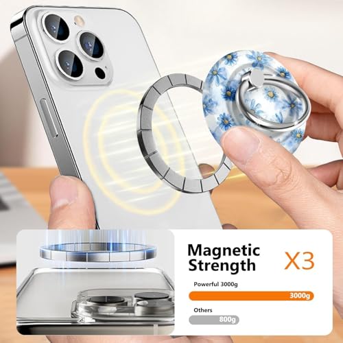 Magnetic Phone Ring Holder for MagSafe,360 Degree Rotation Magnet Cell Phone Grip Blue Daisy Design Stand Finger Ring Kickstand for Smartphone