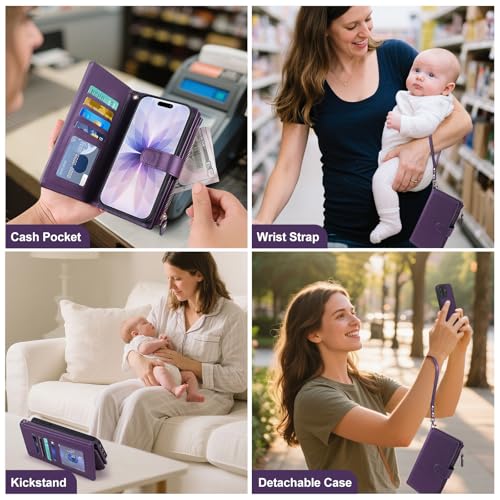 Magnetic Case for iPhone 16 Plus Wallet Compatible with Magsafe RFID Blocking Card Holder Detachable Phone Cover Kickstand Snap Strap Zipper Pocket PU Leather 6.7 inch 2024 (Purple) - color: Purple, size: iPhone 16 Plus
