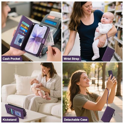 Magnetic Case for iPhone 16 Pro Wallet Compatible with Magsafe RFID Blocking Card Holder Detachable Phone Cover Kickstand Snap Strap Zipper Pocket PU Leather 6.3 inch 2024 (Purple) - color: Purple, size: iPhone 16 Pro