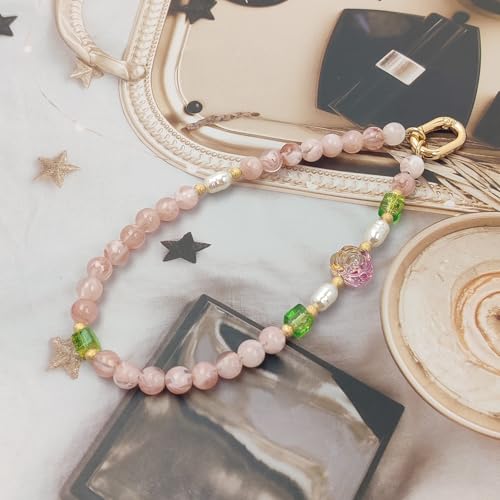 Cute Phone Wrist Strap Chic Beaded Cellphone Lanyard Phone Charm Grip Strap - color: Pink Flower