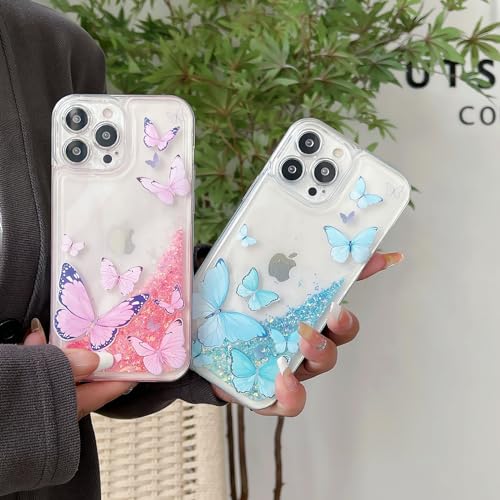 Compatible with iPhone 13 Pro Max Glitter Butterfly Case Glow in The Dark Women Girls Girly Bling Sparkle Flowing Quicksand Light up Case Soft TPU Bumper Luminous Clear Phone Cover, Blue - color: Blue, size: iPhone 13 Pro Max