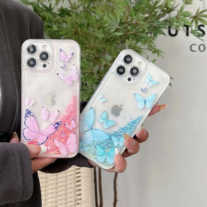 Compatible with iPhone 14 Pro Max Glitter Butterfly Case Glow in The Dark Women Girls Girly Bling Sparkle Flowing Quicksand Light up Case Soft TPU Bumper Luminous Clear Phone Cover, Pink - color: Pink, size: iPhone 14 Pro Max
