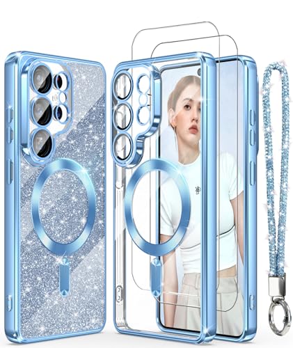 Plated Gold Edge Magnetic Case for Samsung Galaxy S26 Ultra-Blue | Slim Soft Crystal Clear TPU Phone Cover With [Screen Protector&Camera Lens Protector][Glitter Card&Wrist Strap] for S26 Ultra - color: Electroplating Clear TPU-Blue