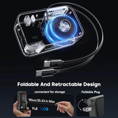 4 in 1 Retractable Wall Charger Dual USB C Cable Plug,45W USBC Fast Retractable iPhone Charger Foldable Block Dual Port(USB C+USB A) with Dual USB C Cable Fast Charger for iPhone 17/16/15,iPad Pro/Air