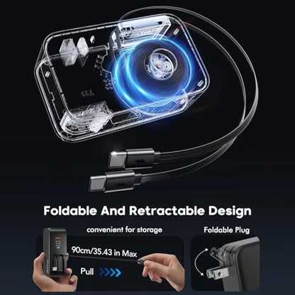 4 in 1 Retractable Wall Charger Dual USB C Cable Plug,45W USBC Fast Retractable iPhone Charger Foldable Block Dual Port(USB C+USB A) with Dual USB C Cable Fast Charger for iPhone 17/16/15,iPad Pro/Air