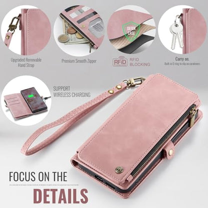 Defencase for Samsung Galaxy S22 Ultra Wallet Case with Card Holder, Pink | Durable PU Leather, with RFID Blocking Zipper Pocket, Wrist Strap, S22 Ultra Flip Phone Cases Cover with Stand for Women Men - color: Airy Rose Pink