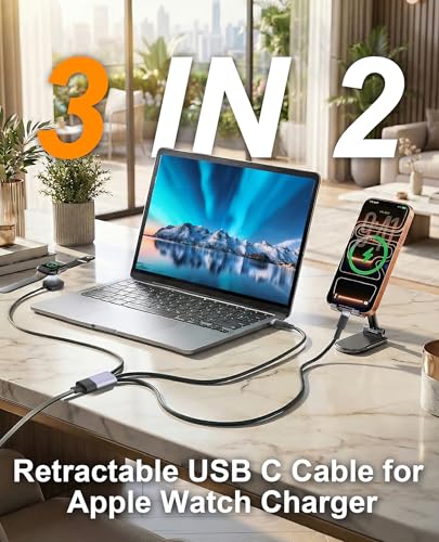 3 in 2 Retractable USB C Cable for Apple Watch Charger - 100W USB C and iWatch Charger with Data Sync, Portable Travel Cable for iWatch Ultra 2/SE2/Series 11-1, iPhone 17/16/15, iPad, AirPods, MacBook