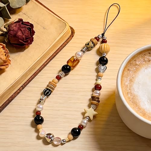 Cute Beaded Camera Wrist Strap for Phone, Digital Camera Charm Lanyard, Pearl Beaded Chain for Bag Keychain Gift - color: Brown Bead