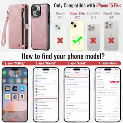 Defencase for iPhone 15 Plus Case Wallet Compatible with Magsafe, Rose Pink | Drop-Proof Magnetic Detachable Phone Cases Cover, with RFID Bolcking Card Holder, Zipper Strap, PU Leather, Removable Wallet - color: (Detachable with Magsafe)-Pink