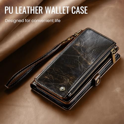 Defencase for iPhone 15 Pro Wallet Case with RFID Card Holder, Coffee | Durable Soft PU Leather, with Zipper Pocket, Wrist Strap, Fashion Snap Flip Phone Cases Cover with Stand for Women and Men - color: Coffee