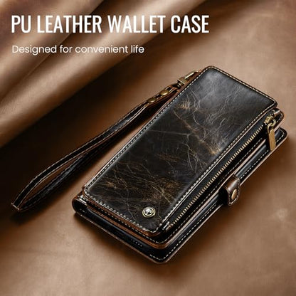 Defencase for iPhone 15 Pro Wallet Case with RFID Card Holder, Coffee | Durable Soft PU Leather, with Zipper Pocket, Wrist Strap, Fashion Snap Flip Phone Cases Cover with Stand for Women and Men - color: Coffee