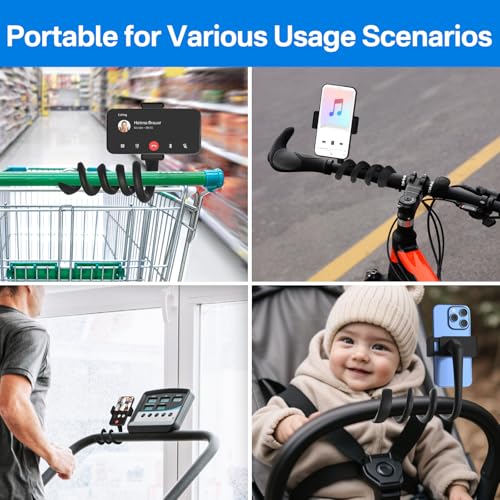 Flexible and Adjustable Stroller Phone Holder for Golf Cart, Treadmill, Shopping Cart, Boat, Bike Phone Mount for iPhone and Android Cell Phone Holder to Clamp on Steering Wheel, Car Seat, Spin Bike