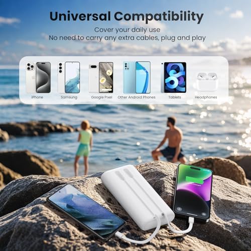 Portable Charger 40,800mAh Power Bank 25W Portable Battery Pack with 2 Built in Cables [2026 Upgraded], PD QC4.0 Fast Charging Portable Phone Charger Compatible with iPhone 17/16,Android Samsung-White - color: White