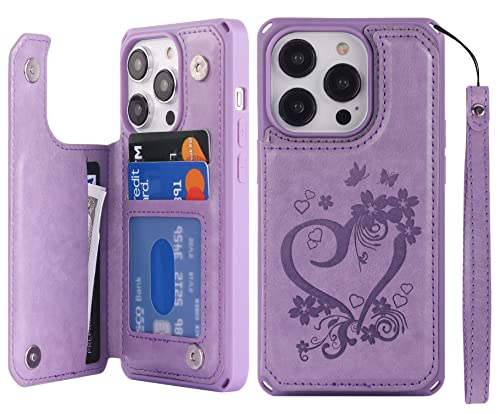 iCoverCase Compatible with iPhone 14 Pro Wallet Phone Case with Card Holder for Women, RFID Blocking Embossed PU Leather Wrist Strap Case 6.1 Inch (Heart Purple) - color: H-Purple
