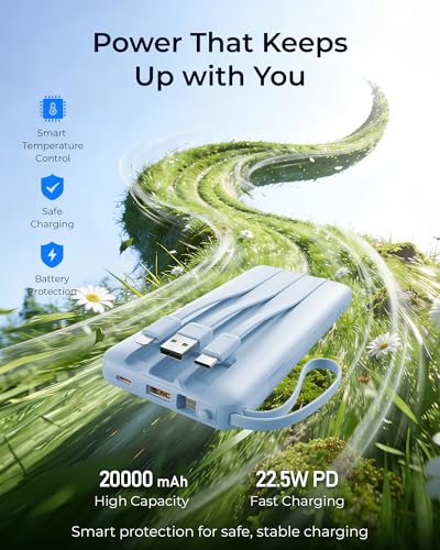 VRURC Portable Charger 4-Built-in-Cable 20000mAh Power Bank Fast Charging - color: Sky-Blue