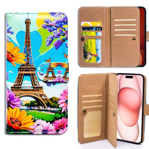 Bcov Case for iPhone 16,Eiffel Tower Purple Flower Butterfly Multifunction Leather Phone Case Wallet Flip Cover with Multi Card Slots Pocket Wrist Strap for Apple iPhone 16 - color: Eiffel Tower Purple Flower Butterfly