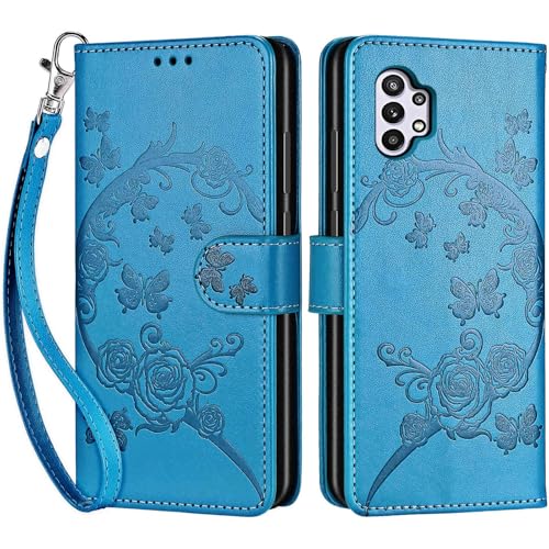 for Samsung Galaxy A32 5G Wallet case, Blue-Flower | 3 Card Holders, Kickstand, Shockproof TPU Shell, PU Leather, Magnetic Closure, Protective Flip Folio Cover, Women - color: 7