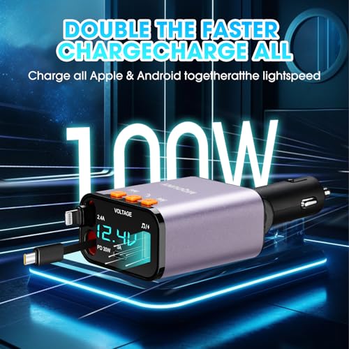 Retractable Car Charger,5 in 1 Fast Cars Phone Charger 60w,Bluetooth 5.3 FM Transmitter Adapter,Handsfree Call,MP3 Player,2 Retractable Cables and USB Chargers, for Phone,Galaxy,Pixel (Purple) - color: Purple