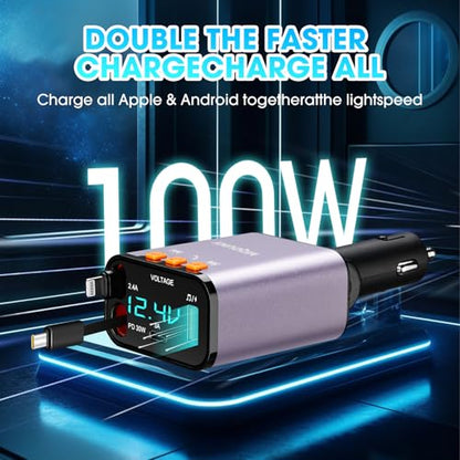 Retractable Car Charger,5 in 1 Fast Cars Phone Charger 60w,Bluetooth 5.3 FM Transmitter Adapter,Handsfree Call,MP3 Player,2 Retractable Cables and USB Chargers, for Phone,Galaxy,Pixel (Purple) - color: Purple