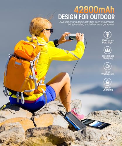 Mregb Solar Charger Power Bank 42800mAh, Portable Charger, Solar Power Bank,External Battery Pack 5V3.1A Qc 3.0 Fast Charger Built-in Super Bright Flashlight (Blue) - color: Blue