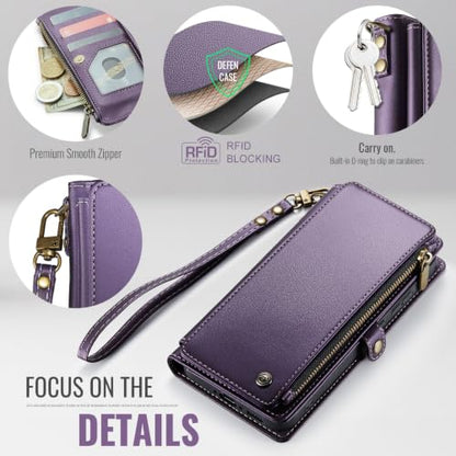 Defencase for Samsung Galaxy A37 5G Wallet Case with Card Holder, Purple | RFID Blocking, Zipper Pocket, Durable PU Leather, Wrist Strap, Fashion Snap Flip Phone Cases Cover with Stand for Women Men - color: Purple