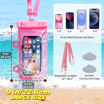 Larger Waterproof Phone Pouch iPhone &Shower Phone Holder Waterproof with 2 Suction Cups,Water Phone Protector Pouch with Adjustable Lanyard for iPhone 17 16 ProMax (Black+Pink, 2 PCS) - color: Black+Pink