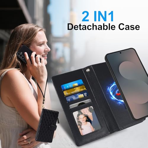 Harryshell Detachable Wallet Case for Samsung Galaxy S25 FE Compatible with Magsafe RFID Blocking Card Slots Removable Phone Cover Zipper Purse Kickstand Wrist Strap for Men Women Quilted Black - color: Quilted Black