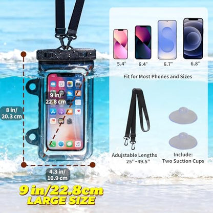 Larger Waterproof Phone Pouch iPhone &Shower Phone Holder Waterproof with 2 Suction Cups,Water Phone Protector Pouch with Adjustable Lanyard for iPhone 17 16 15 ProMax (Black, 1 PCS) - color: Black