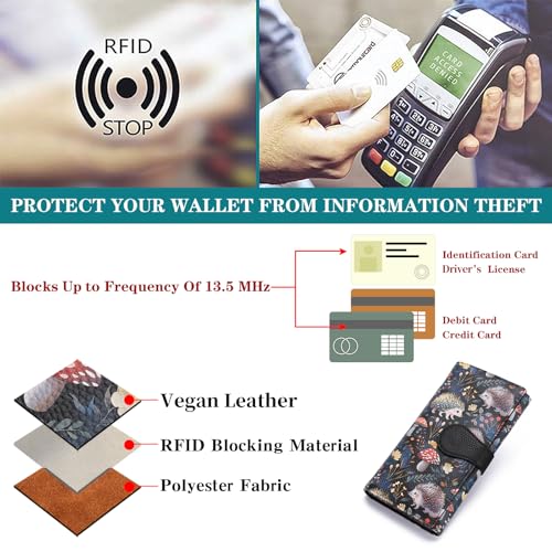 GOIACII Women's Wallet RFID Blocking Large Capacity Card Holder Ladies Phone Clutch Travel Long Purse Hedgehog Print - color: Z03 Hedgehog Print Black