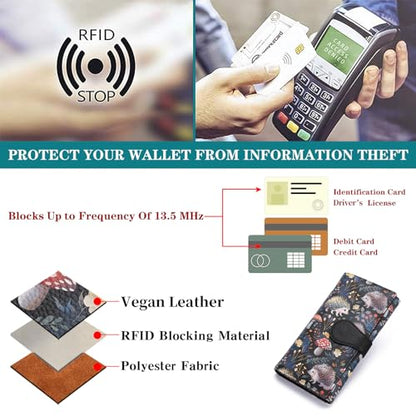 GOIACII Women's Wallet RFID Blocking Large Capacity Card Holder Ladies Phone Clutch Travel Long Purse Hedgehog Print - color: Z03 Hedgehog Print Black