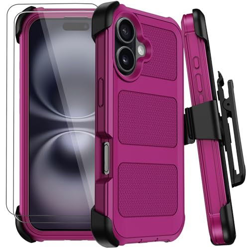 for iPhone 16 Plus Case with Belt Clip Holster,Anti-Drop Shockproof Bumper Phone Cases with 2X Screen Protectors & Kickstand,Rugged Heavy Duty Military Grade Protective Defender Cover (Burgundy) - color: Burgundy