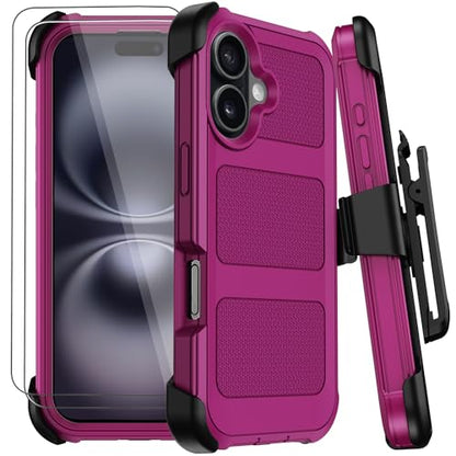 for iPhone 16 Plus Case with Belt Clip Holster,Anti-Drop Shockproof Bumper Phone Cases with 2X Screen Protectors & Kickstand,Rugged Heavy Duty Military Grade Protective Defender Cover (Burgundy) - color: Burgundy