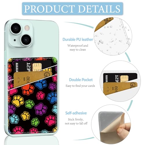 CREATCABIN Paw Print Phone Card Holder Leather Cell Phone Wallet Stick on Adhesive Credit Card Holder Slim Double Pocket Sticker for Back of Phone Case Compatible with Most Phones 3.7 x 2.5 Inch - style: Paw Print