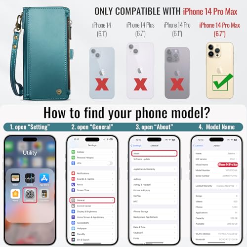 Defencase for iPhone 14 Pro Max Wallet Case with RFID Card Holder, Green | Durable Soft PU Leather, with Zipper Pocket, Wrist Strap, Fashion Snap Flip Phone Cases Cover with Stand for Women and Men - color: Blue Green