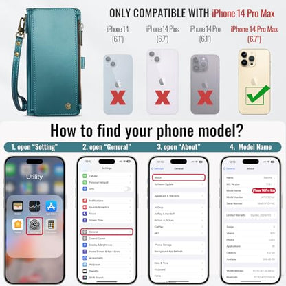 Defencase for iPhone 14 Pro Max Wallet Case with RFID Card Holder, Green | Durable Soft PU Leather, with Zipper Pocket, Wrist Strap, Fashion Snap Flip Phone Cases Cover with Stand for Women and Men - color: Blue Green