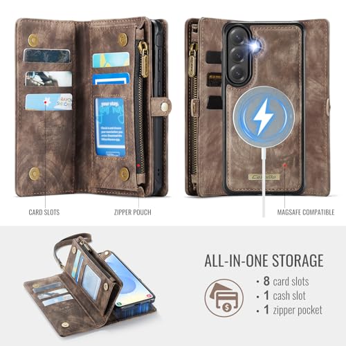 Compatible with Samsung Galaxy S26 5G Wallet Case with Magsafe with Zipper & Card Holder Strap Wristlet Detachable Magnetic Protective Back Case for Samsung Galaxy S26 5G 6.3 Inch (Brown) - color: (Detachable and Magsafe)-Brown, size: S26 6.3 Inch
