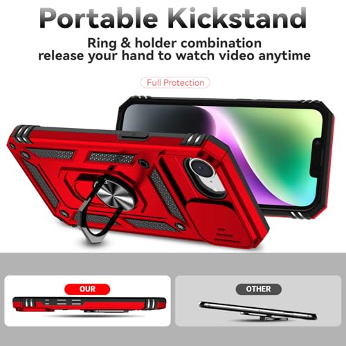 for iPhone 17E / iPhone 16E Case, with Camera Lens Cover HD Screen Protector, Dual Layer Military-Grade Drop Tested Magnetic Ring Holder Kickstand Protective Phone Case for iPhone 16E / 17E (Red) - color: Red with camera cover Military-Grade 2nd gen